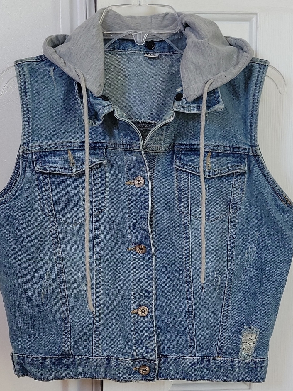 Womens Blue Denim Vest with Gray Hooded Liner
